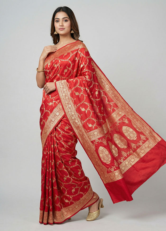 Red Banarasi Silk Saree With Blouse Piece
