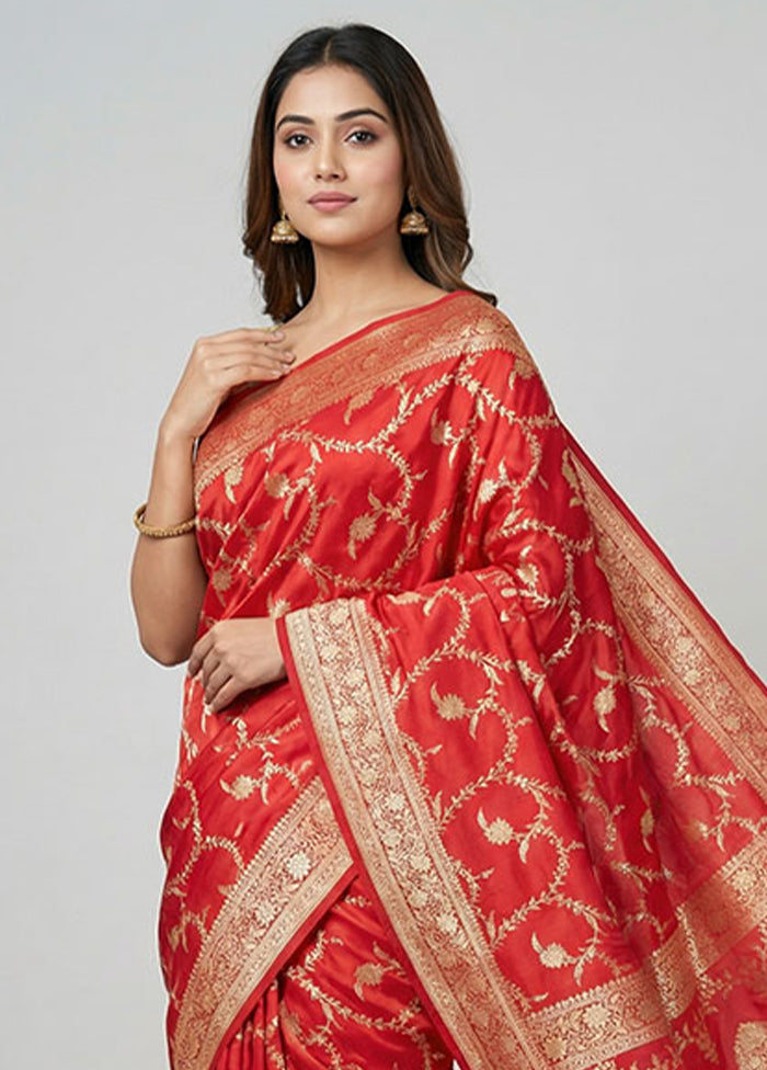 Red Banarasi Silk Saree With Blouse Piece