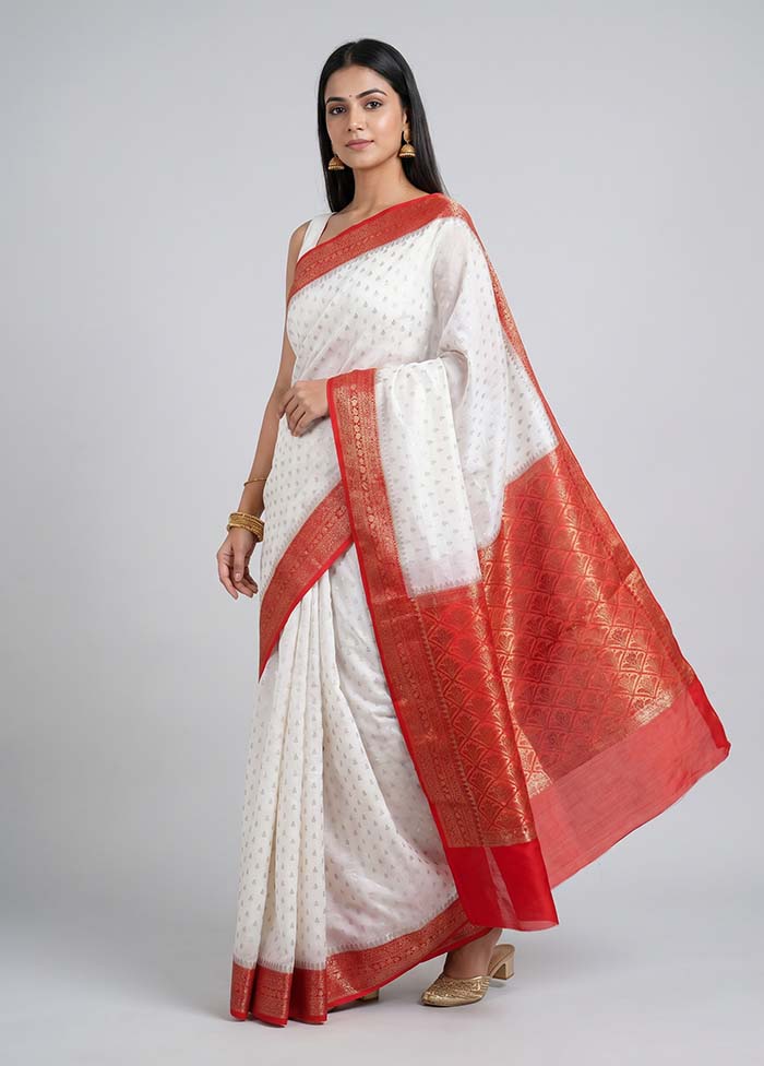 White Dupion Silk Saree With Blouse Piece