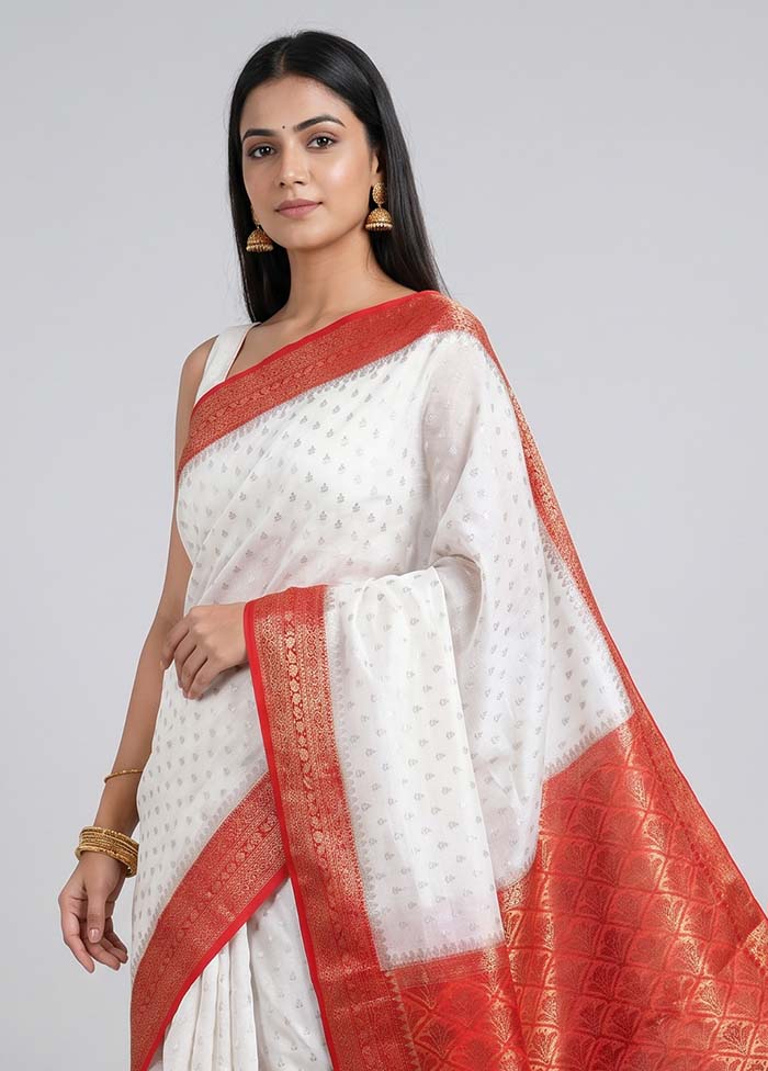 White Dupion Silk Saree With Blouse Piece