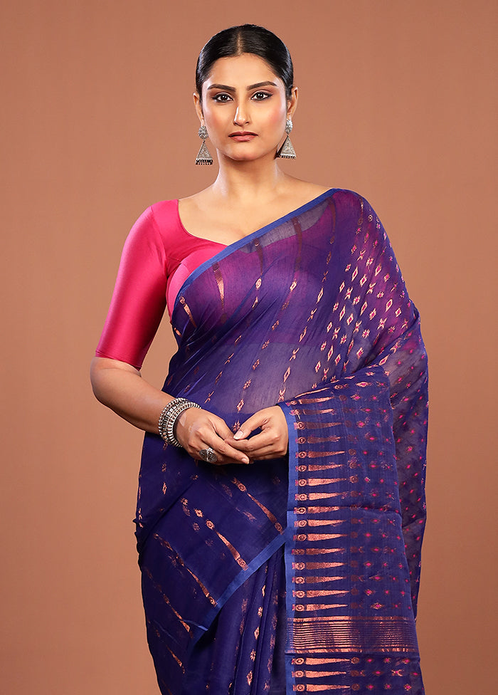 Blue Jamdani Cotton Saree Without Blouse Piece