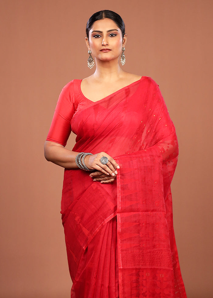 Red Jamdani Cotton Saree Without Blouse Piece