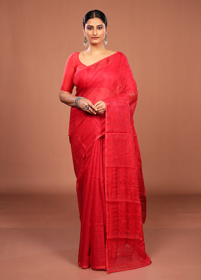 Red Jamdani Cotton Saree Without Blouse Piece