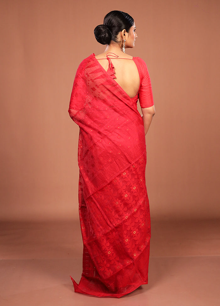 Red Jamdani Cotton Saree Without Blouse Piece