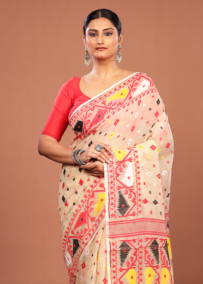 Cream Jamdani Cotton Saree Without Blouse Piece