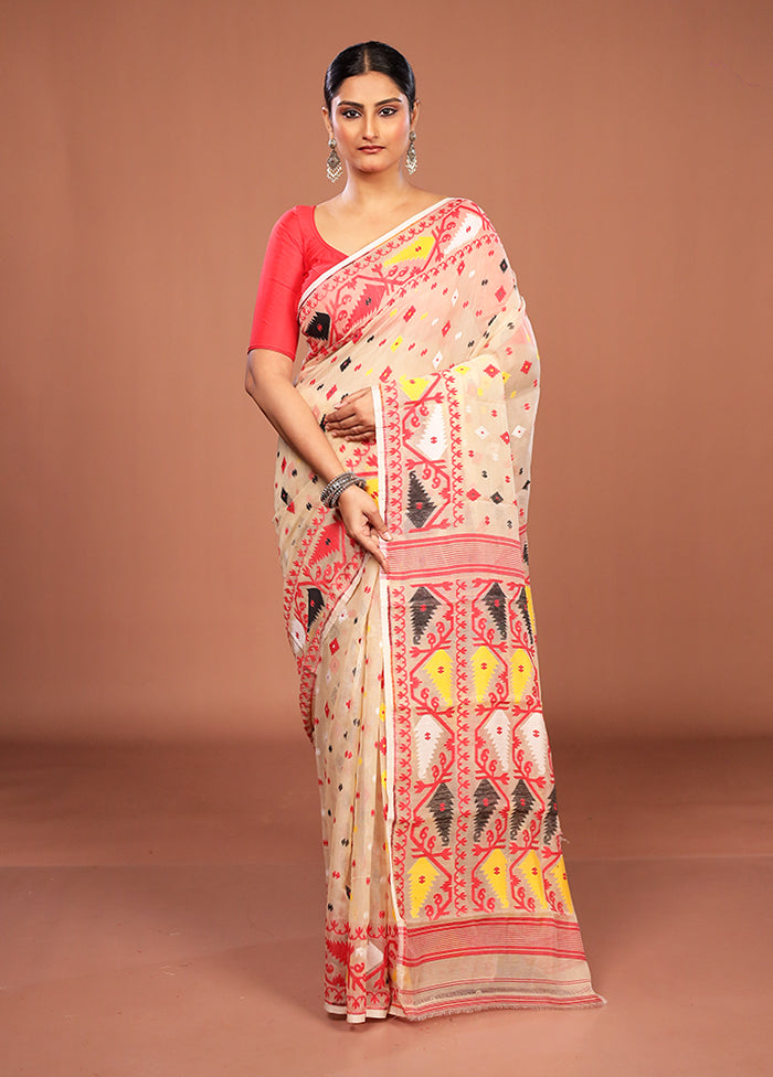 Cream Jamdani Cotton Saree Without Blouse Piece