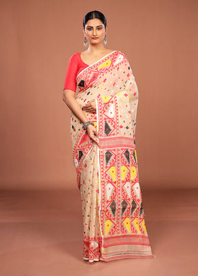 Cream Jamdani Cotton Saree Without Blouse Piece