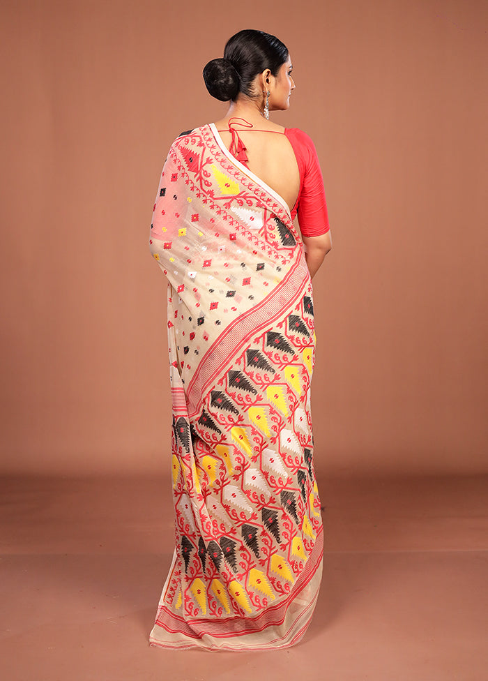 Cream Jamdani Cotton Saree Without Blouse Piece