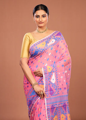 Pink Jamdani Cotton Saree Without Blouse Piece