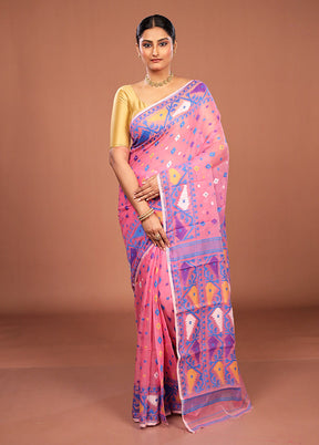 Pink Jamdani Cotton Saree Without Blouse Piece