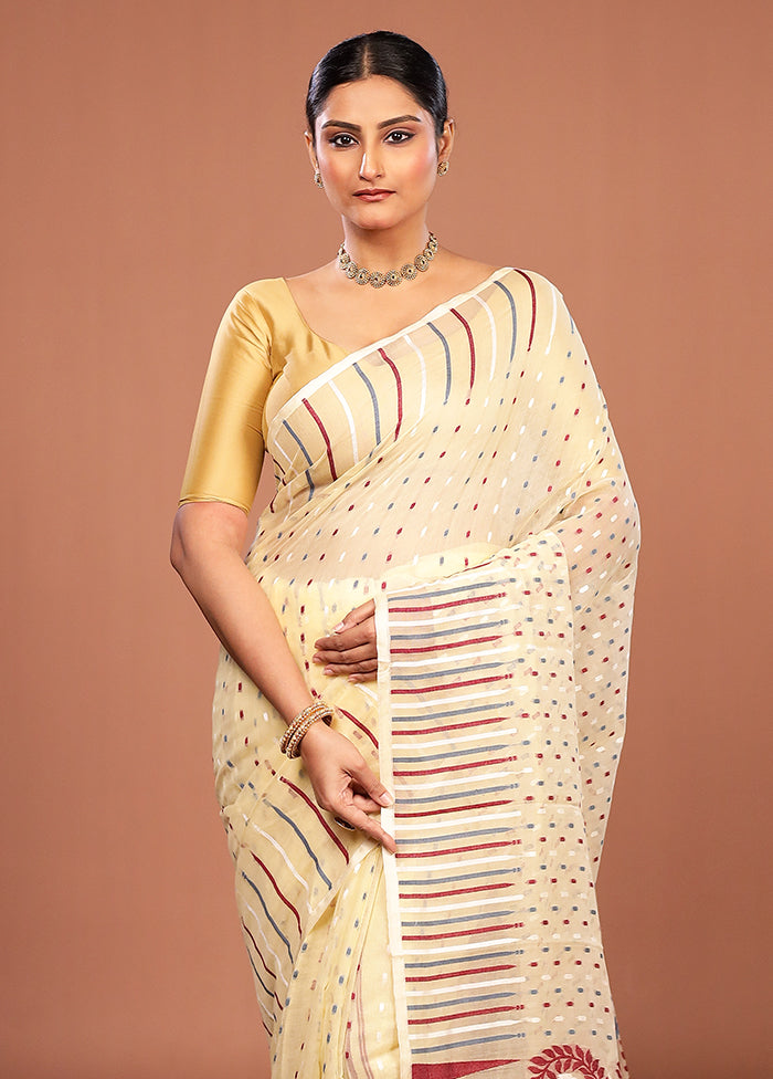 Cream Jamdani Cotton Saree Without Blouse Piece