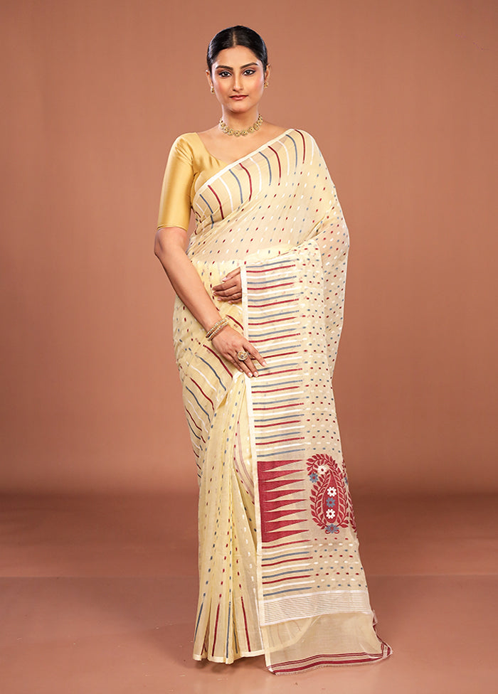 Cream Jamdani Cotton Saree Without Blouse Piece