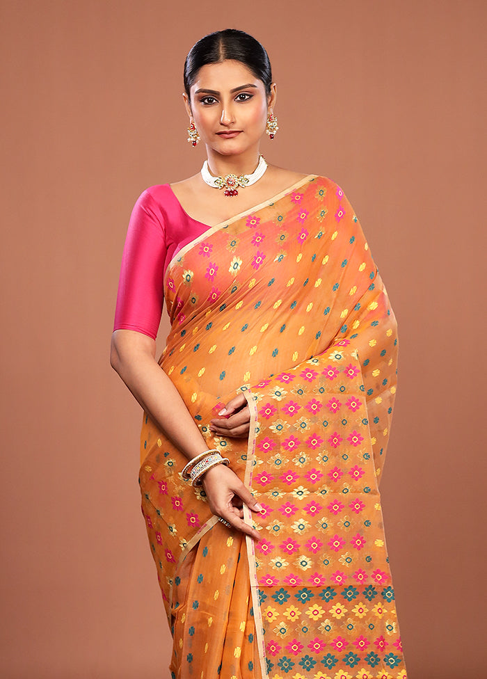 Yellow Jamdani Cotton Saree Without Blouse Piece