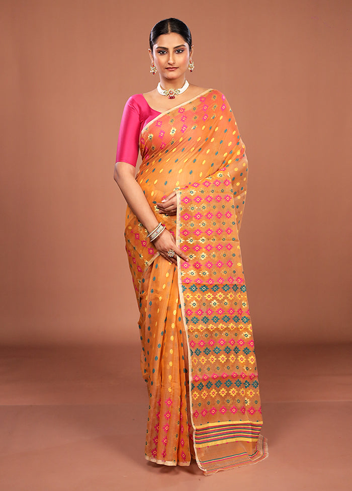 Yellow Jamdani Cotton Saree Without Blouse Piece