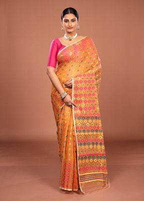 Yellow Jamdani Cotton Saree Without Blouse Piece