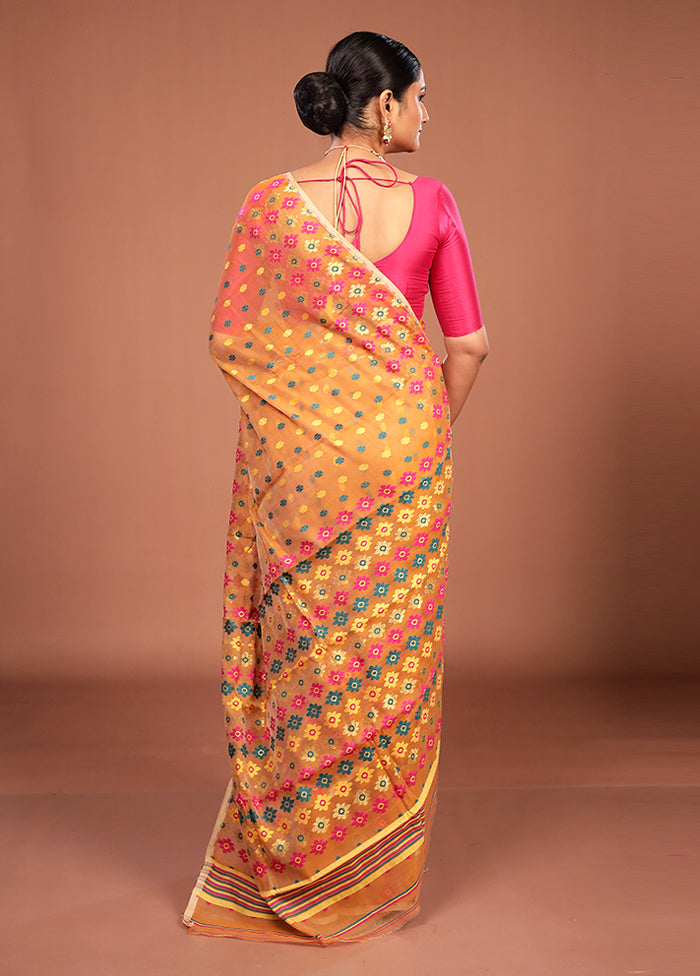 Yellow Jamdani Cotton Saree Without Blouse Piece