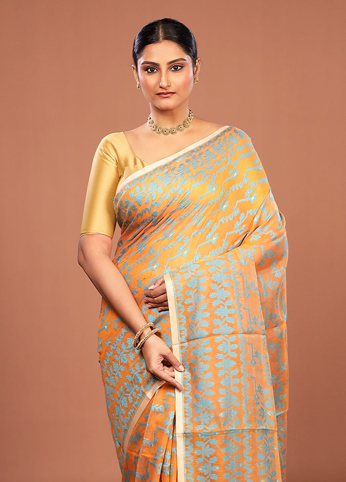 Orange Jamdani Cotton Saree Without Blouse Piece