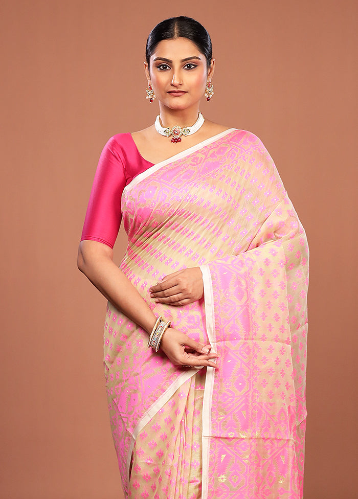 Cream Jamdani Cotton Saree Without Blouse Piece