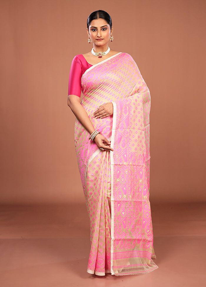 Cream Jamdani Cotton Saree Without Blouse Piece