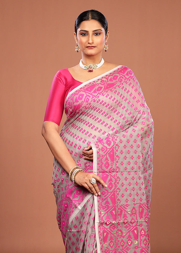 Grey Jamdani Cotton Saree Without Blouse Piece