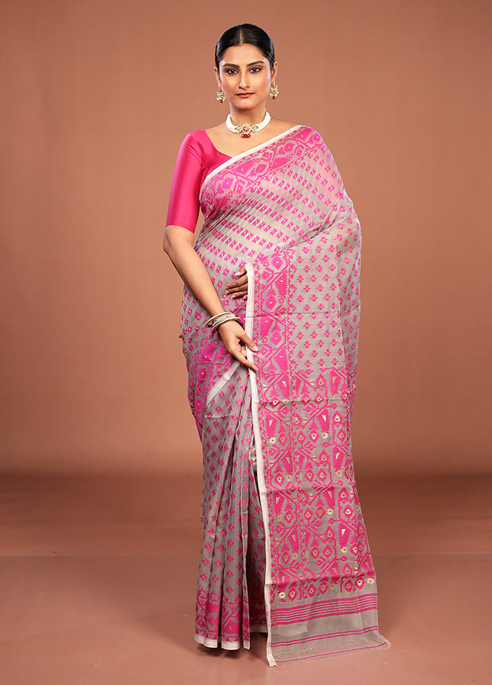 Grey Jamdani Cotton Saree Without Blouse Piece
