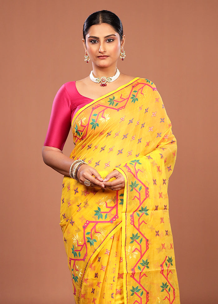Yellow Jamdani Cotton Saree Without Blouse Piece
