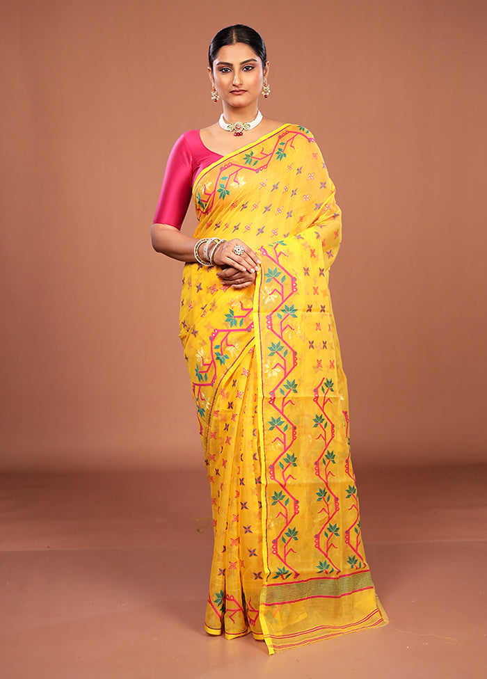 Yellow Jamdani Cotton Saree Without Blouse Piece