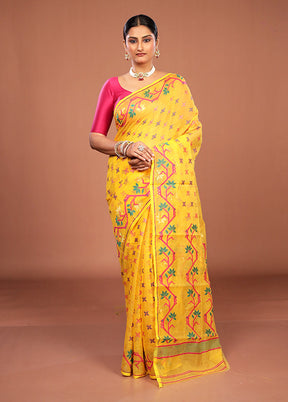 Yellow Jamdani Cotton Saree Without Blouse Piece