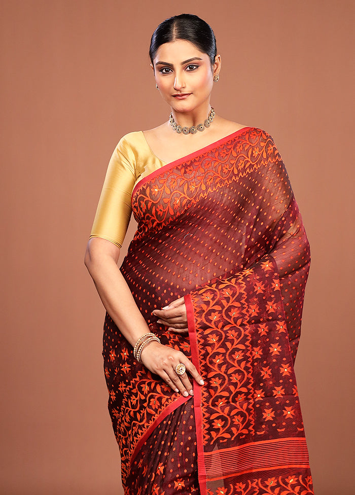 Maroon Jamdani Cotton Saree Without Blouse Piece