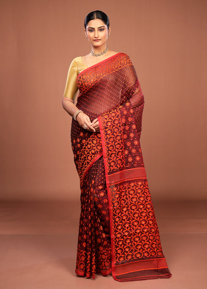 Maroon Jamdani Cotton Saree Without Blouse Piece