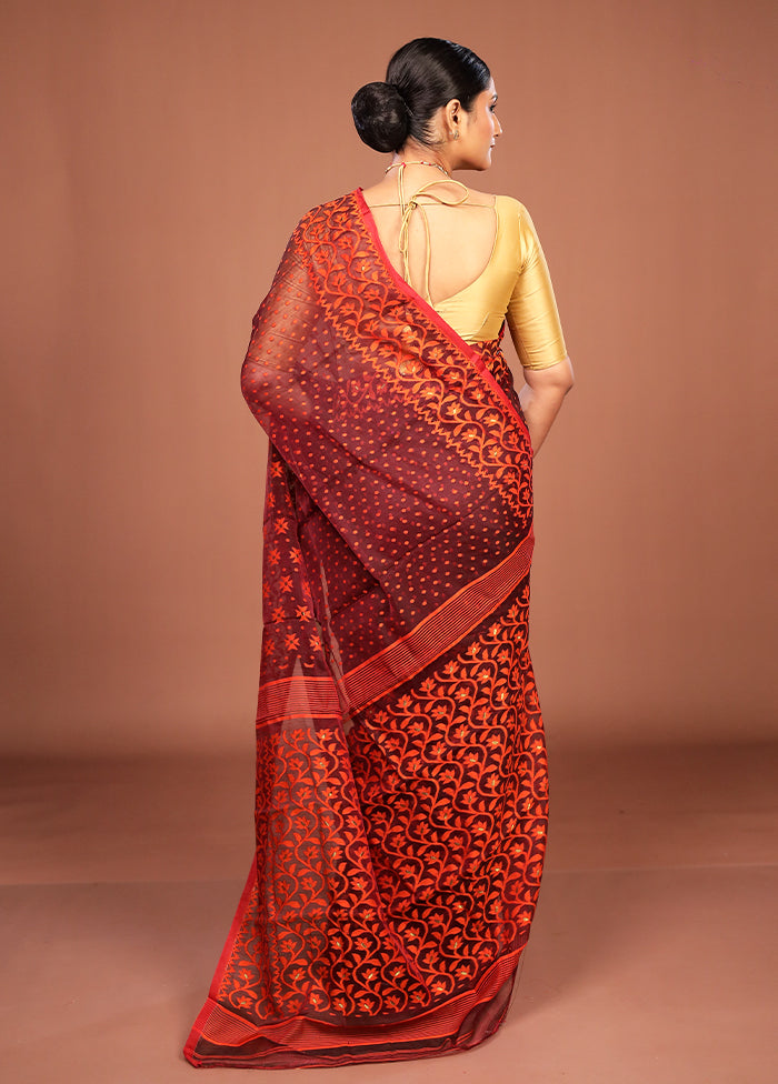 Maroon Jamdani Cotton Saree Without Blouse Piece