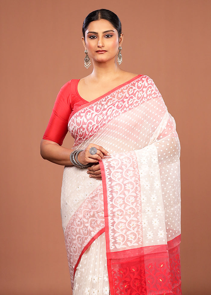 White Jamdani Cotton Saree Without Blouse Piece