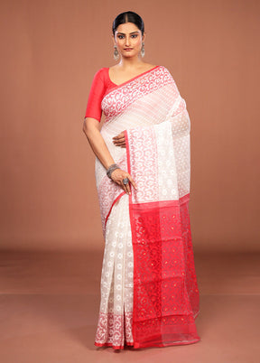 White Jamdani Cotton Saree Without Blouse Piece
