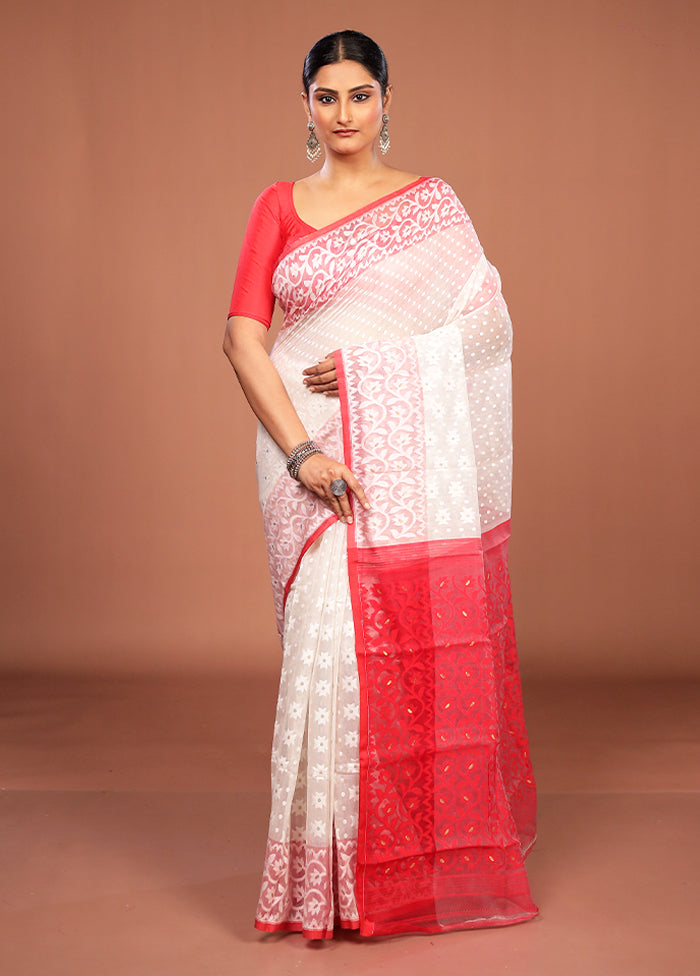 White Jamdani Cotton Saree Without Blouse Piece