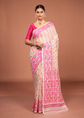 White Jamdani Cotton Saree Without Blouse Piece