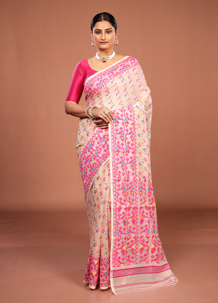 White Jamdani Cotton Saree Without Blouse Piece