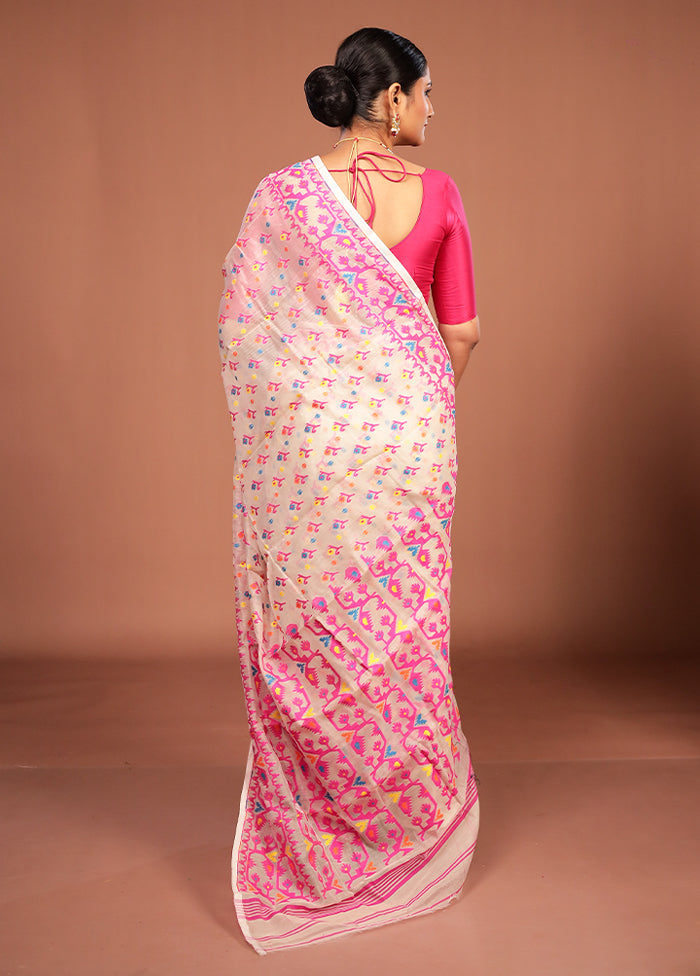 White Jamdani Cotton Saree Without Blouse Piece