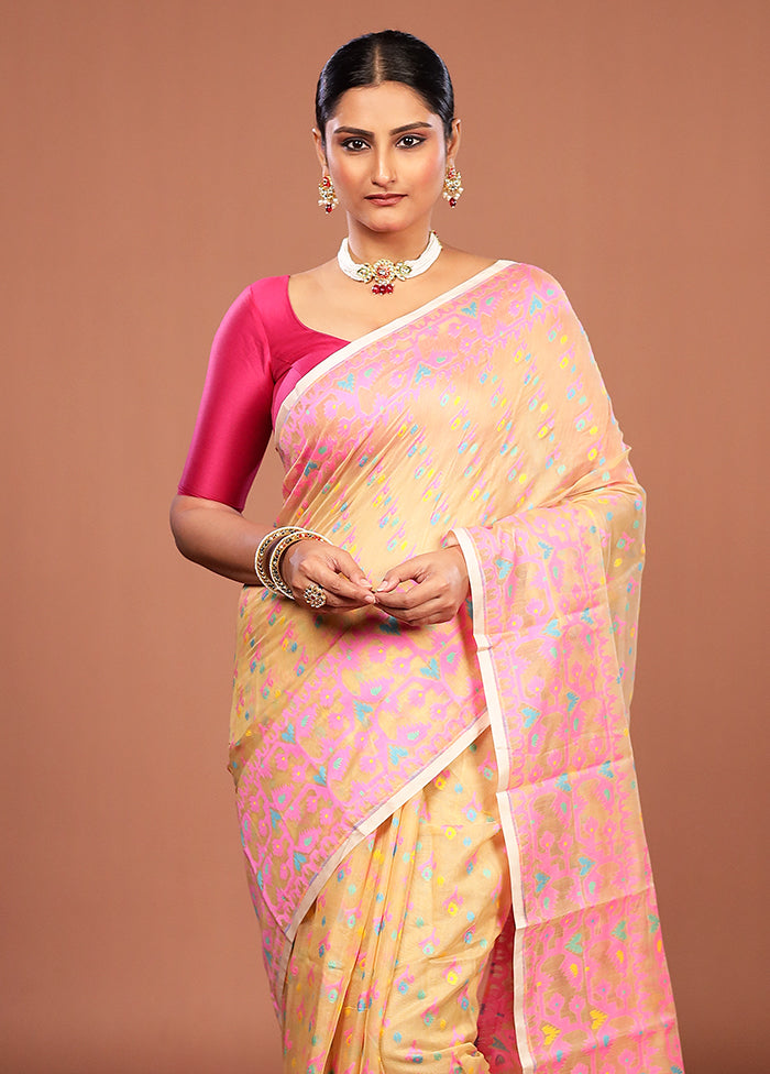 Cream Jamdani Cotton Saree Without Blouse Piece