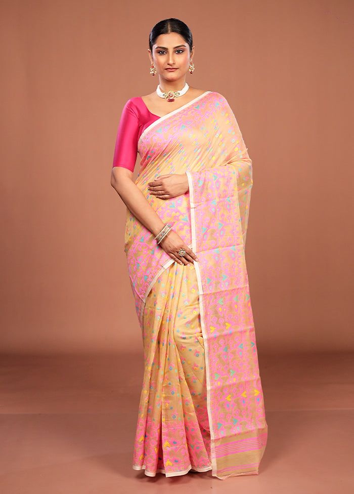 Cream Jamdani Cotton Saree Without Blouse Piece