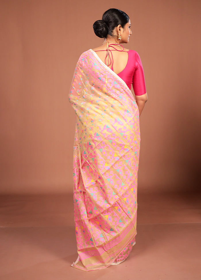 Cream Jamdani Cotton Saree Without Blouse Piece