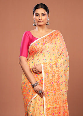 Yellow Jamdani Cotton Saree Without Blouse Piece