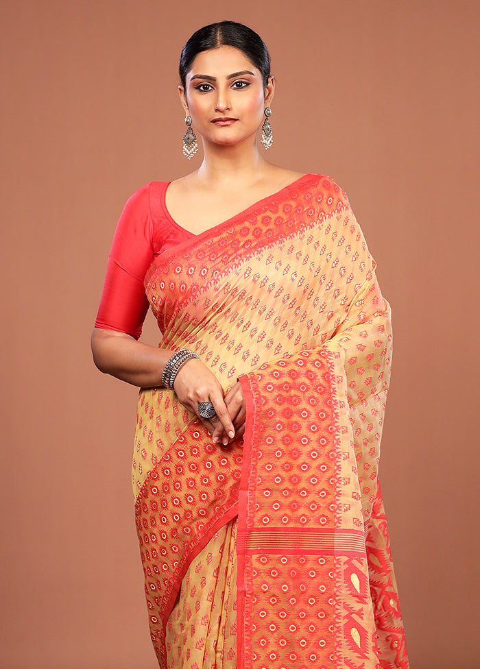 Cream Jamdani Cotton Saree Without Blouse Piece