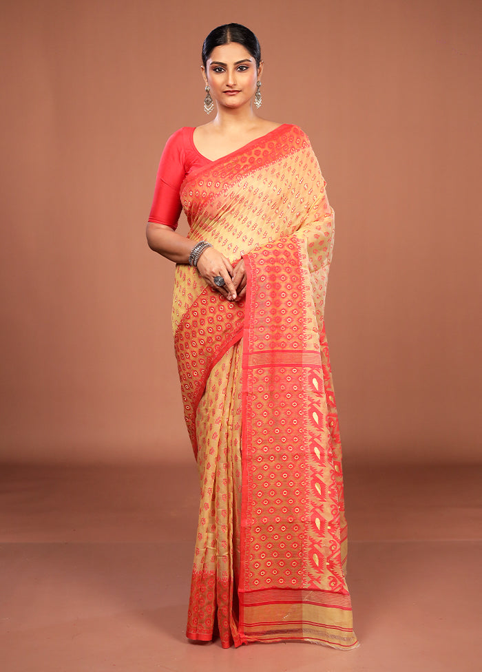 Cream Jamdani Cotton Saree Without Blouse Piece