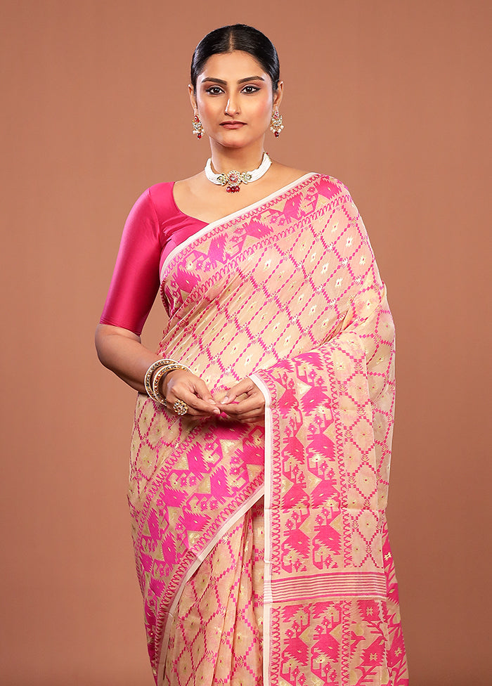 Cream Jamdani Cotton Saree Without Blouse Piece