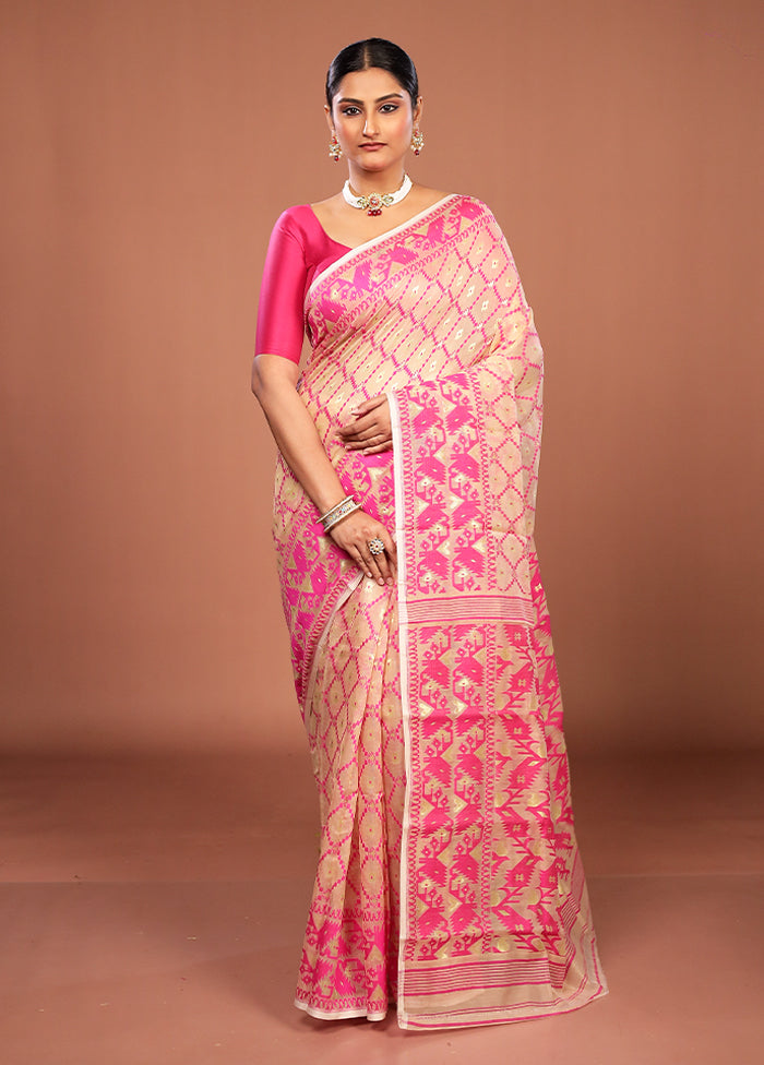 Cream Jamdani Cotton Saree Without Blouse Piece