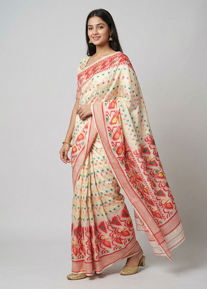 White Jamdani Cotton Saree Without Blouse Piece