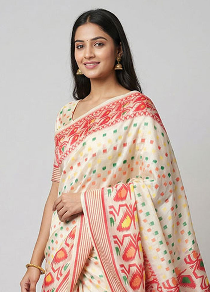 White Jamdani Cotton Saree Without Blouse Piece
