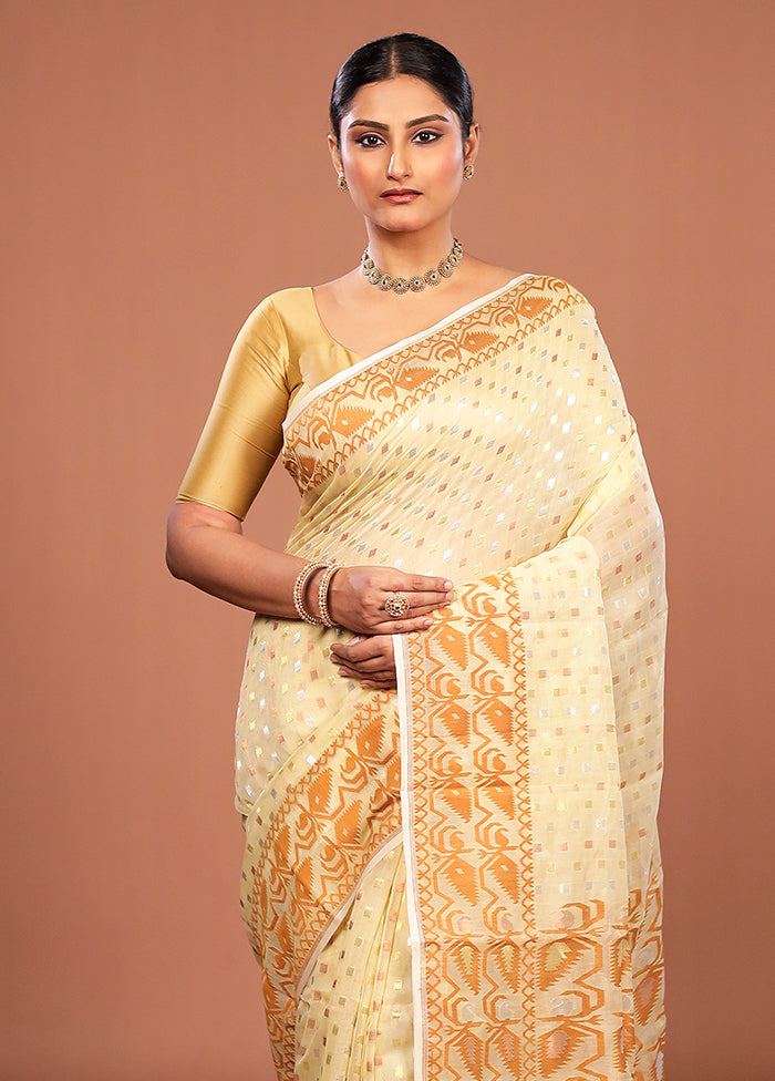 Cream Jamdani Cotton Saree Without Blouse Piece