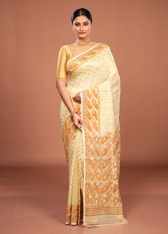 Cream Jamdani Cotton Saree Without Blouse Piece