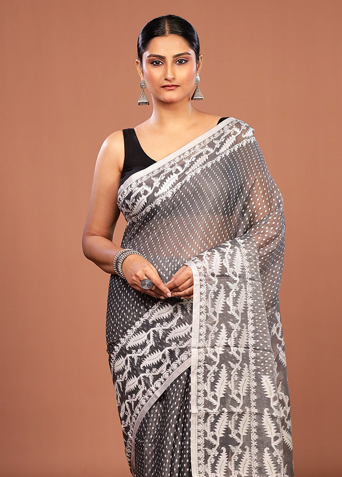 Grey Jamdani Cotton Saree Without Blouse Piece